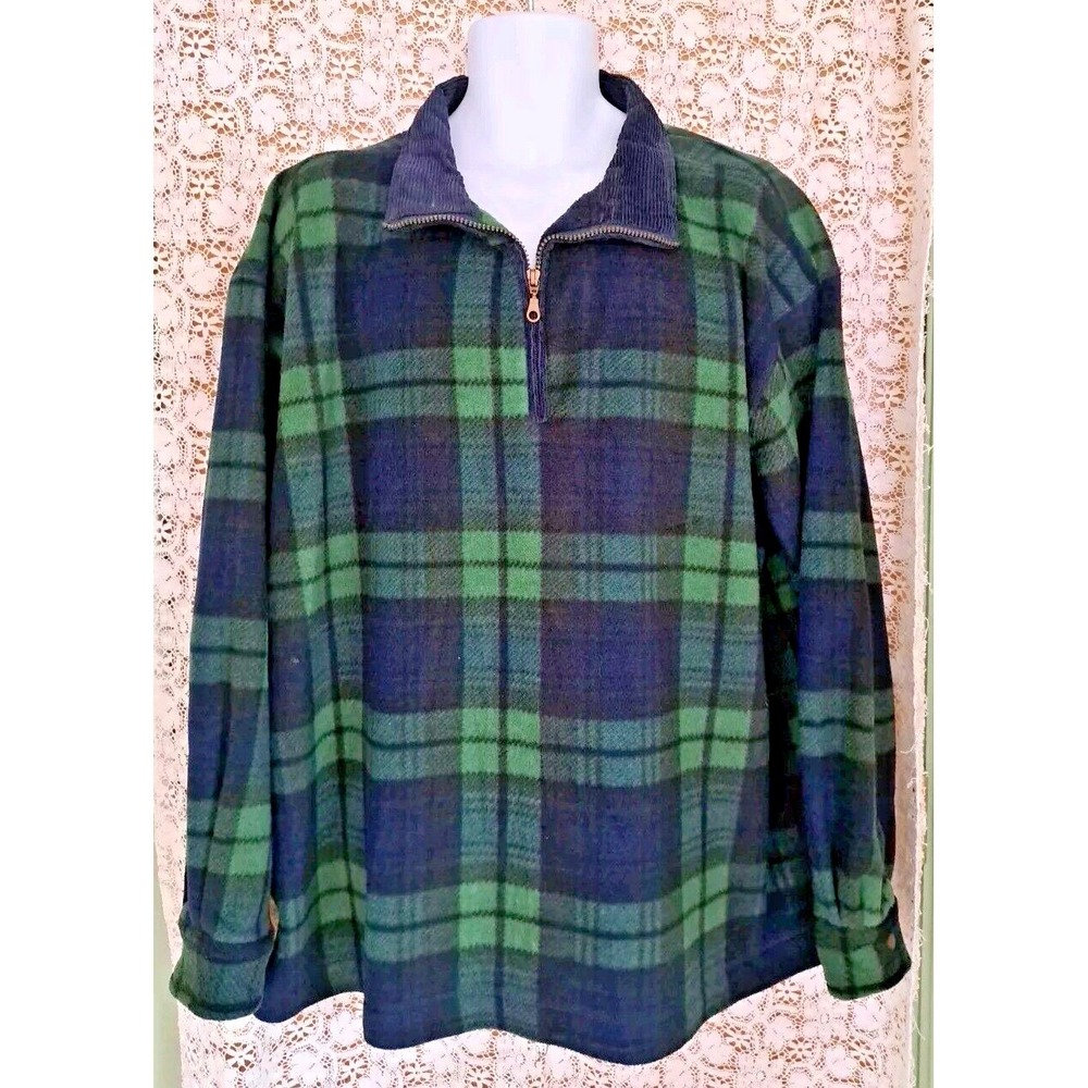 Sierra Blue Fleece XL Green/ Blue Plaid 1/4 Zip Long Sleeve Corduroy Collar